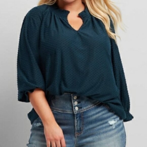 LANE BRYANT Plus Size Smocked Notch Neck Swing Top Black Multi Floral 3/4 Sleeve - Picture 2 of 15